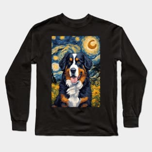 Bernese Mountain Dog Breed Painting in a Van Gogh Starry Night Art Style Long Sleeve T-Shirt